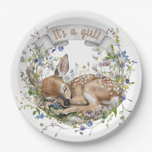 It's a girl Woodland Baby Shower Paper Plate