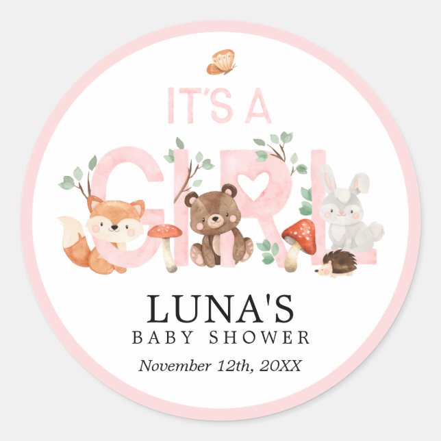It's a Girl Woodland Pink Baby Shower Classic Roun Round Sticker (Front)