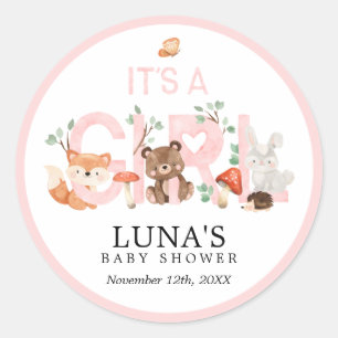 It's a Girl Woodland Pink Baby Shower Classic Roun Round Sticker