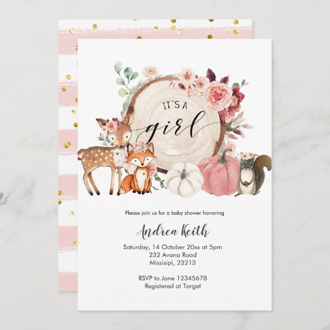it's a girl woodland pumpkin baby shower invitation (Front/Back)