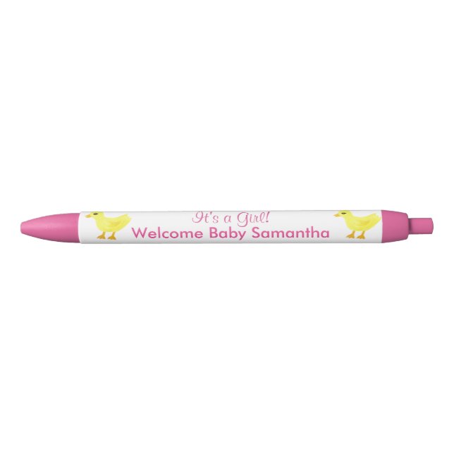 It's A Girl Yellow Ducky Pink White Announcements Black Ink Pen (Front)