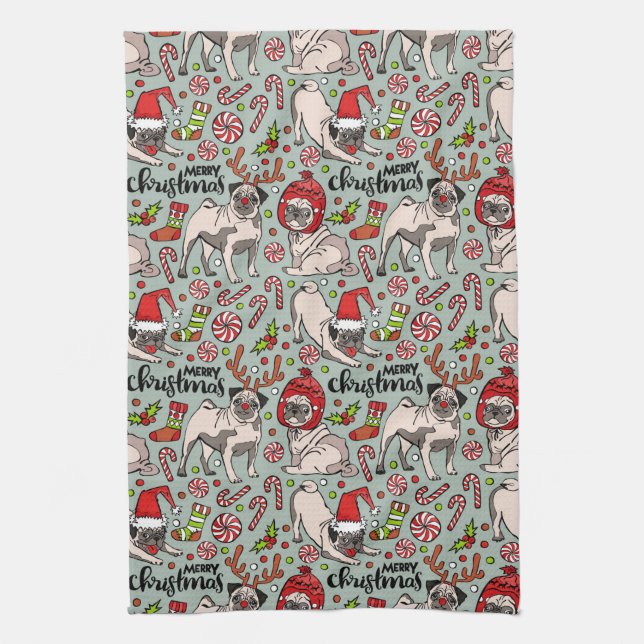 It's A Merry Pug Christmas Pattern Tea Towel (Vertical)