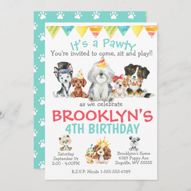 It's a Pawty Puppy Party Birthday Invitation (Front/Back)