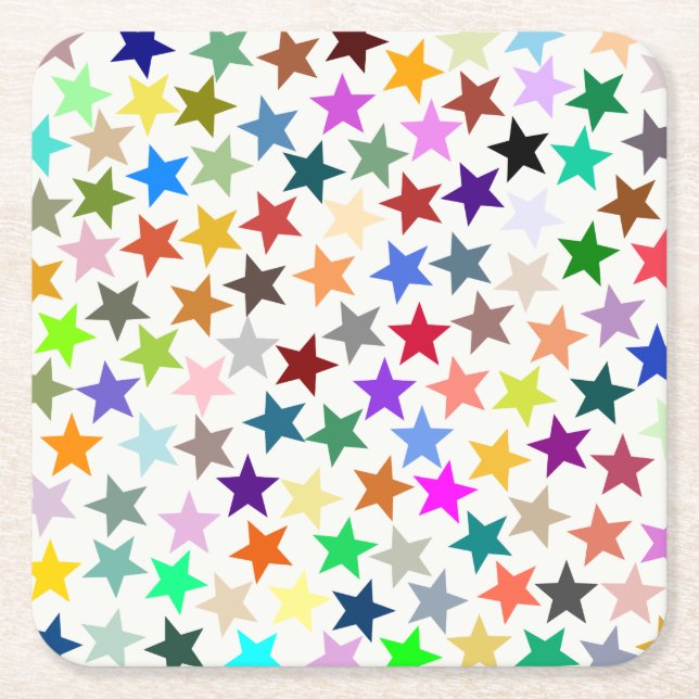 It's a Rainbow Party, Multi-Coloured Stars Pattern Square Paper Coaster (Front)