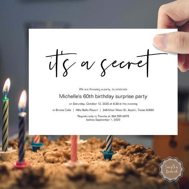 It's a secret, Surprise Birthday Party Invitation (It's a secret !  Surprise Birthday invitation card, pdf, modern script, in black and white)