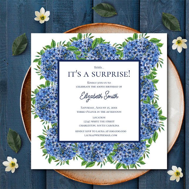 Its a Surprise 100th Birthday Party Blue Hydrangea Invitation (Front)