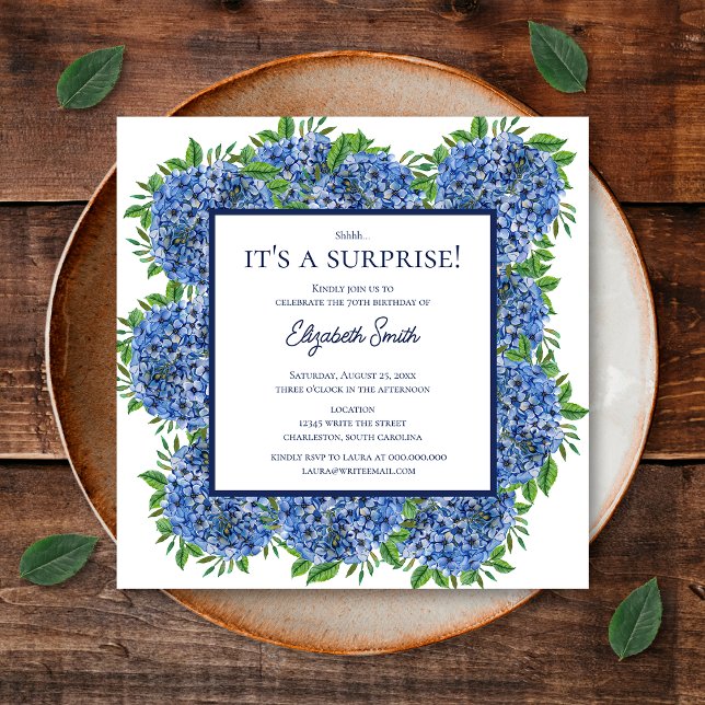 It's a Surprise 70th Birthday Party Blue Hydrangea Invitation (Front)