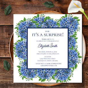 It's a Surprise 75th Birthday Party Blue Hydrangea Invitation