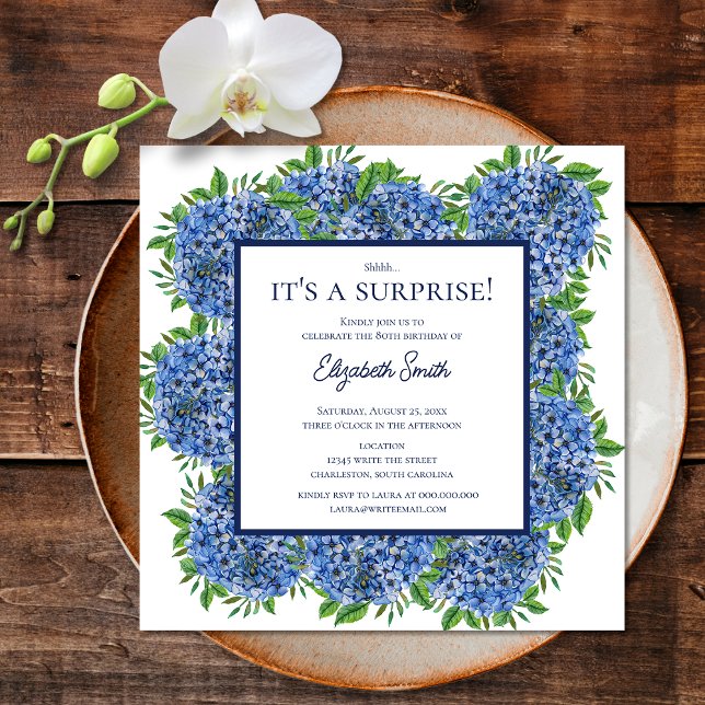 It's a Surprise 80th Birthday Party Blue Hydrangea Invitation (Front)