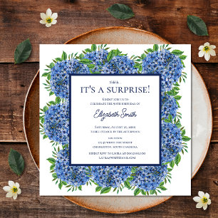 It's a Surprise 90th Birthday Party Blue Hydrangea Invitation