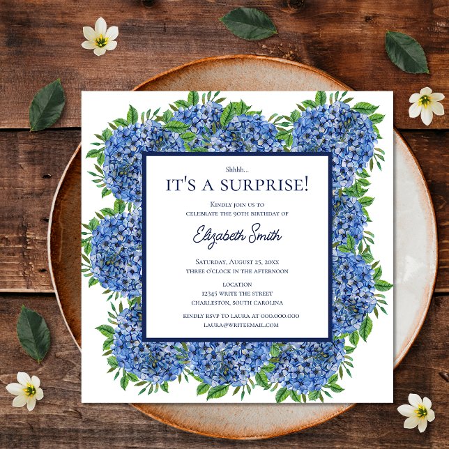 It's a Surprise 90th Birthday Party Blue Hydrangea Invitation (Front)