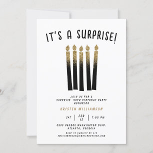 It's a Surprise Birthday Black Gold Glitter 50th Invitation