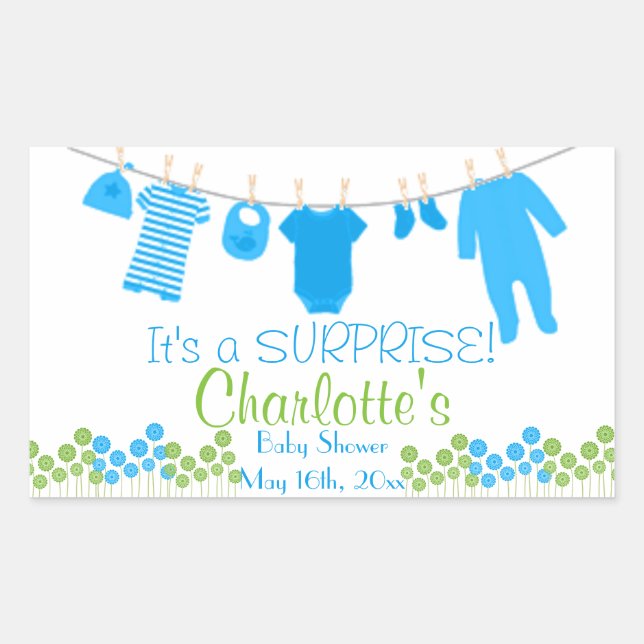 It's A SURPRISE! Clothesline Baby Shower Rectangular Sticker (Front)