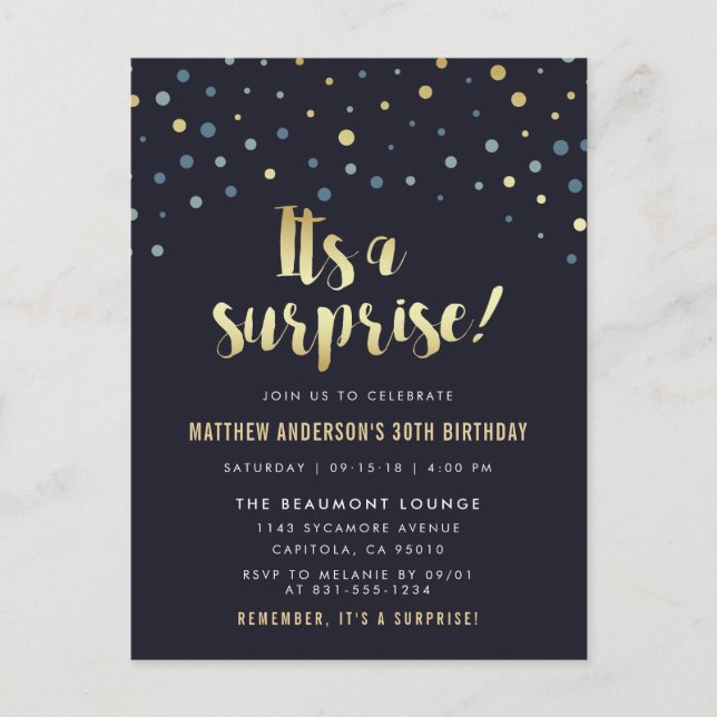 It's A Surprise! Gold Foil Confetti Birthday Postcard (Front)