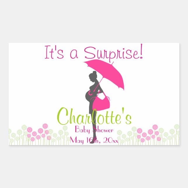 It's A Surprise! Magenta Silhouette Baby Shower Rectangular Sticker (Front)