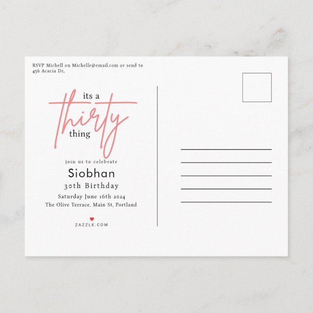 its a thirty thing 30th birthday elegant stylish invitation postcard (Back)