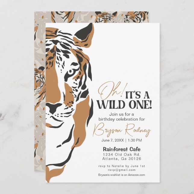 Its a wild one jungle tiger first birthday invite (Front/Back)