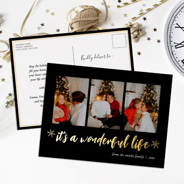 It's A Wonderful Life Black Gold Christmas Photo Foil Holiday Postcard (Creator Uploaded)