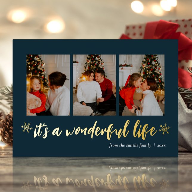 It's A Wonderful Life Blue Gold Christmas Photo Foil Holiday Card (Creator Uploaded)