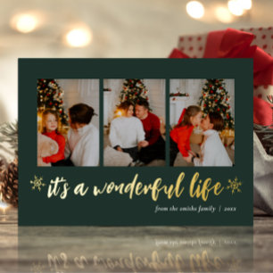 It's A Wonderful Life Green Gold Christmas Photo Foil Holiday Card
