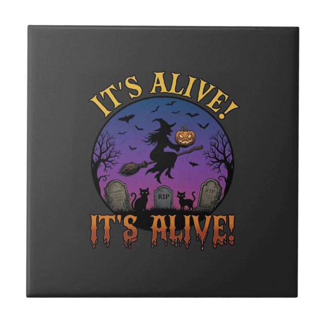 Its Alive Halloween Witch Pumpkin Black Cat Tombst Ceramic Tile (Front)
