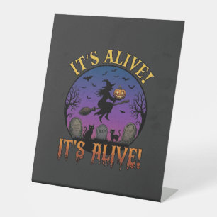 Its Alive Halloween Witch Pumpkin Black Cat Tombst Pedestal Sign