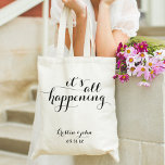 It's All Happening Script Wedding Tote Bags<br><div class="desc">It's all happening! When your big day is finally here,  use these pretty totes as wedding favours,  bridal party gift bags,  rehearsal dinner favours,  welcome bags,  etc. Customise with your name and date!</div>