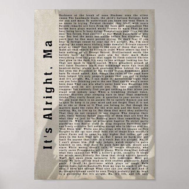 It's Alright Ma Shadow Song Lyric Wall Art Print (Front)