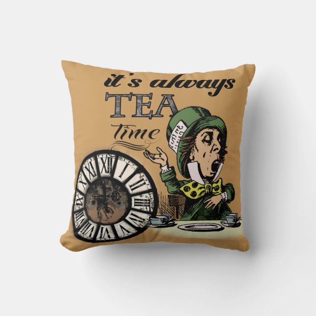 "It's always tea time" Mad Hatter Dictionary Art Cushion (Front)