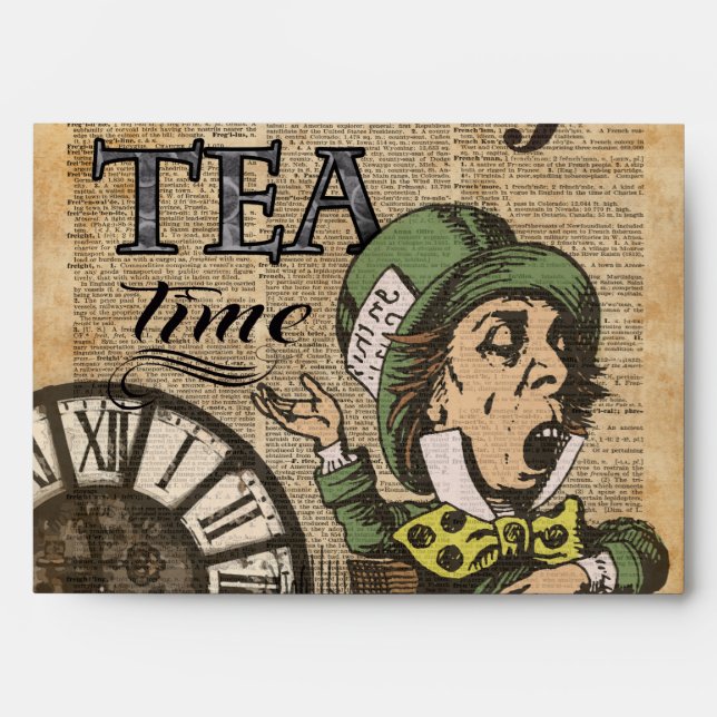 "It's always tea time" Mad Hatter Dictionary Art Envelopes (Front)