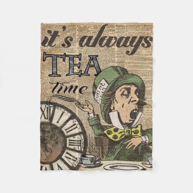 "It's always tea time" Mad Hatter Dictionary Art Fleece Blanket (Front)