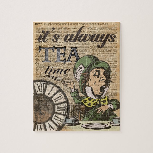 "It's always tea time" Mad Hatter Dictionary Art Jigsaw Puzzle (Vertical)