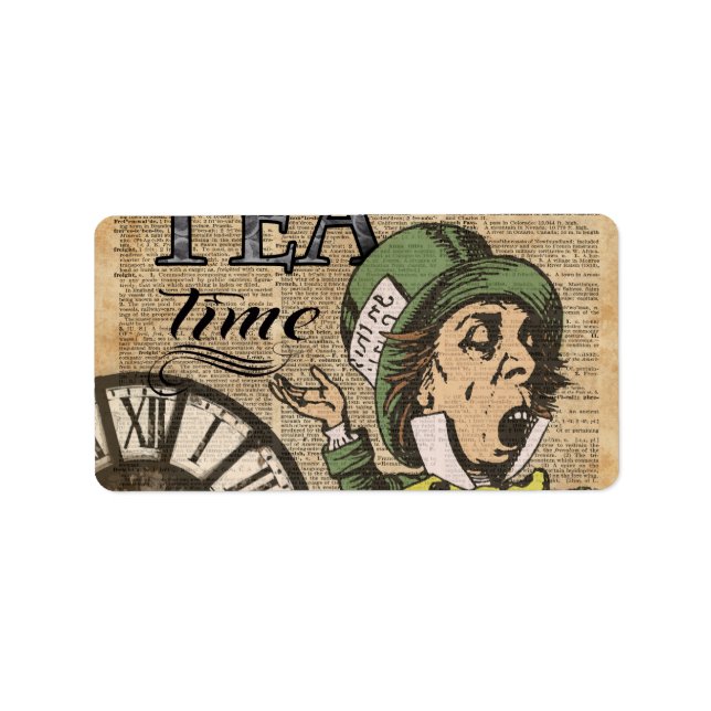 "It's always tea time" Mad Hatter Dictionary Art Label (Front)