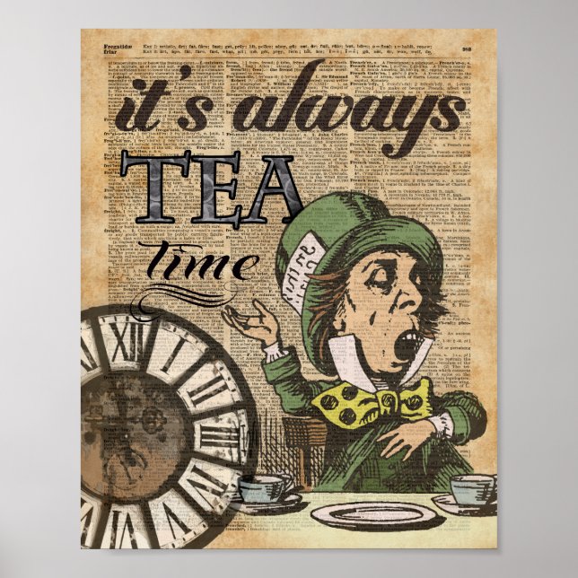 "It's always tea time" Mad Hatter Dictionary Art Poster (Front)