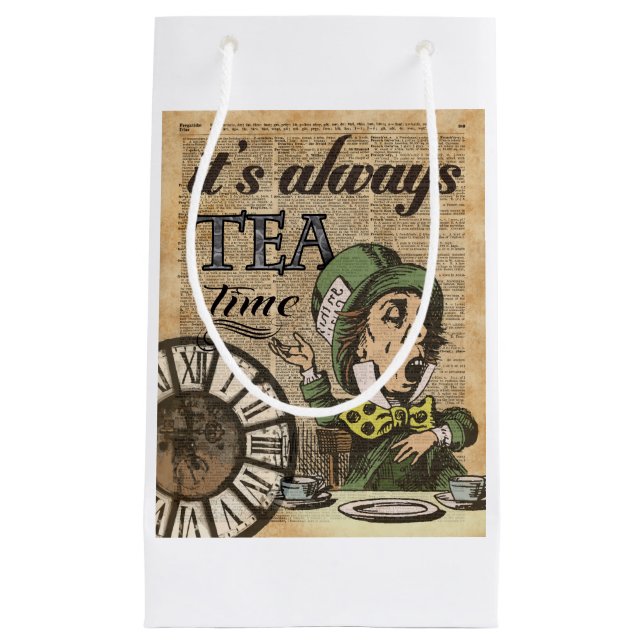 "It's always tea time" Mad Hatter Dictionary Art Small Gift Bag (Front)