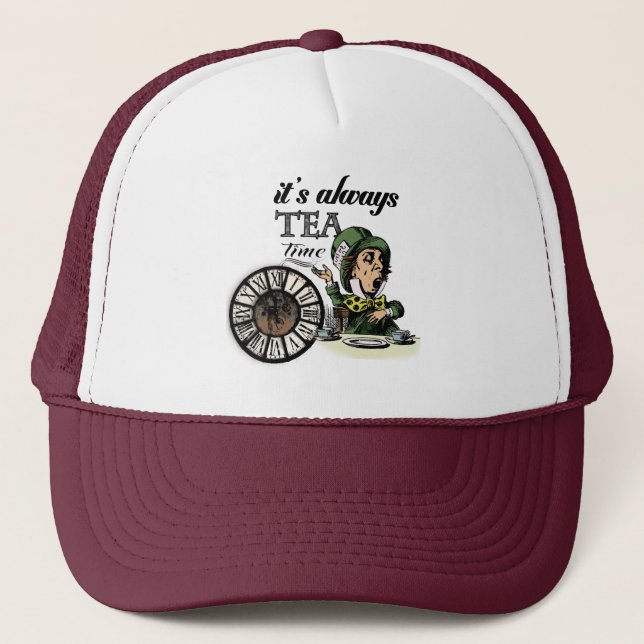 "It's always tea time" Mad Hatter Dictionary Art Trucker Hat (Front)