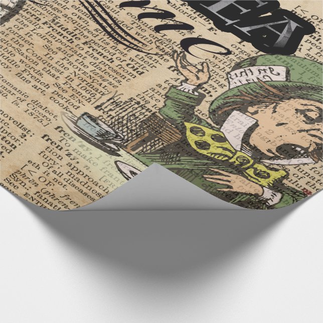 "It's always tea time" Mad Hatter Dictionary Art Wrapping Paper (Corner)