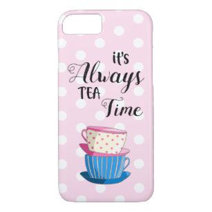 It's always tea time quote Cute pink polka dots Case-Mate iPhone Case