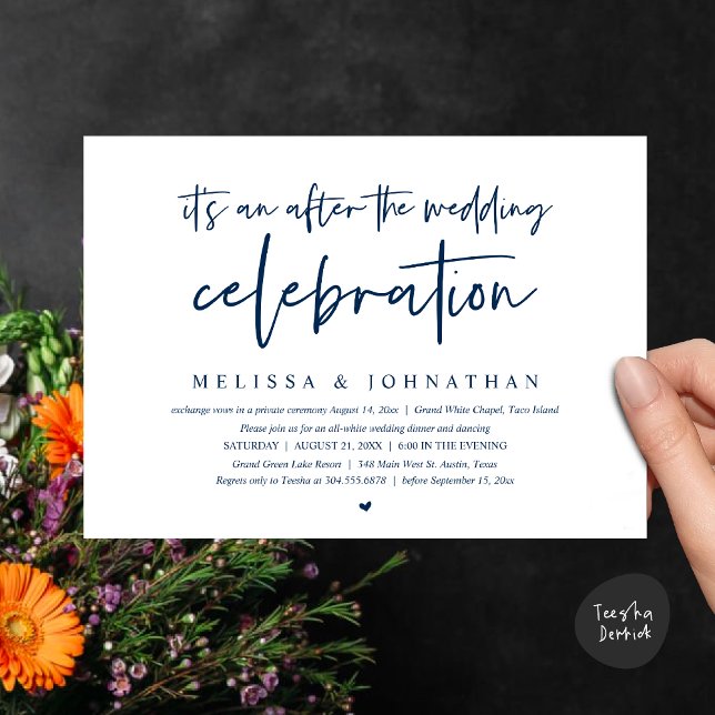 It's an after the wedding celebration, dinner invitation (Happily Ever After Party, After the wedding celebration Romantic Dinner Invites Card PDF Navy Blue)