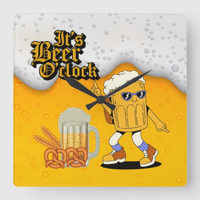It's Beer O'Clock Beer Mug Character Square Wall Clock (Front)