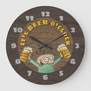 It's Beer O'Clock Dark Wood Texture Cartoon Pints Large Clock