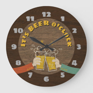 It's Beer O'Clock Dark Wood Texture Retro Cartoon Large Clock
