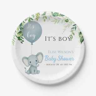 It's boy! Cute little elephant baby with balloon Paper Plate