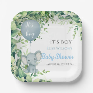 It's boy! Cute little elephant  baby with balloon Paper Plate