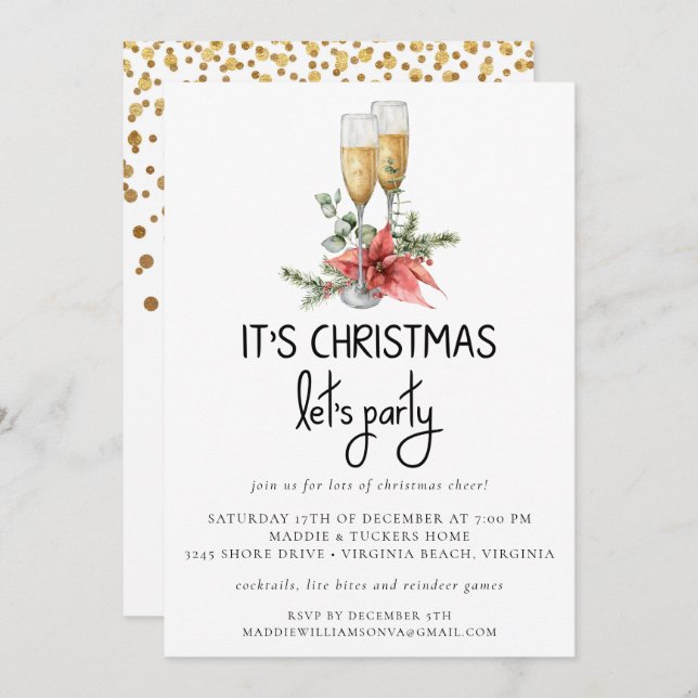 It's Christmas Let's Party Champagne and Greenery  Invitation (Front/Back)