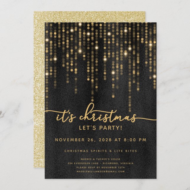 It's Christmas Let's Party Gold Lights Christmas  Invitation (Front/Back)