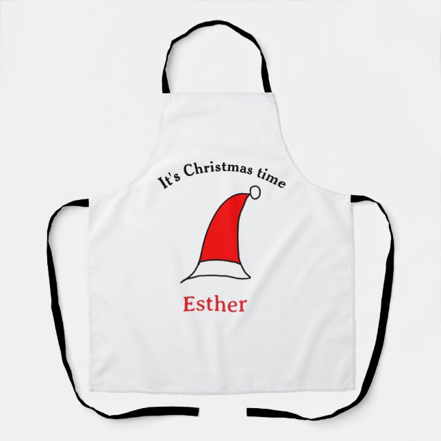 It's Christmas time Santa red hat name simple fun Apron (Front)