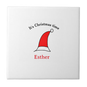 It's Christmas time Santa red hat name simple fun Ceramic Tile