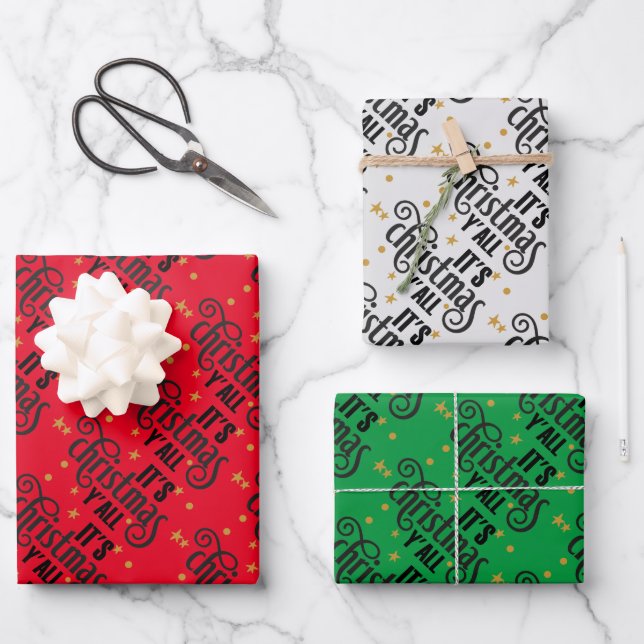 It's Christmas Y'All Word Art Wrapping Paper Sheet (Front)