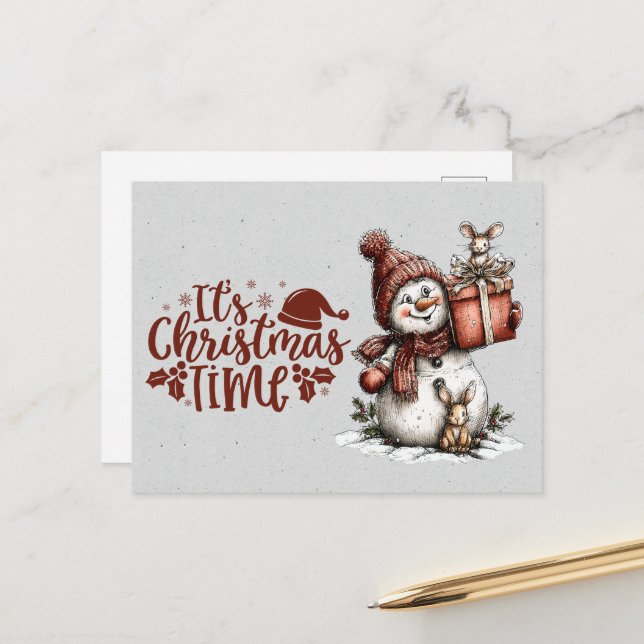 It's Christmastime Snowman Holding Gift and Mouse Postcard (Front/Back In Situ)